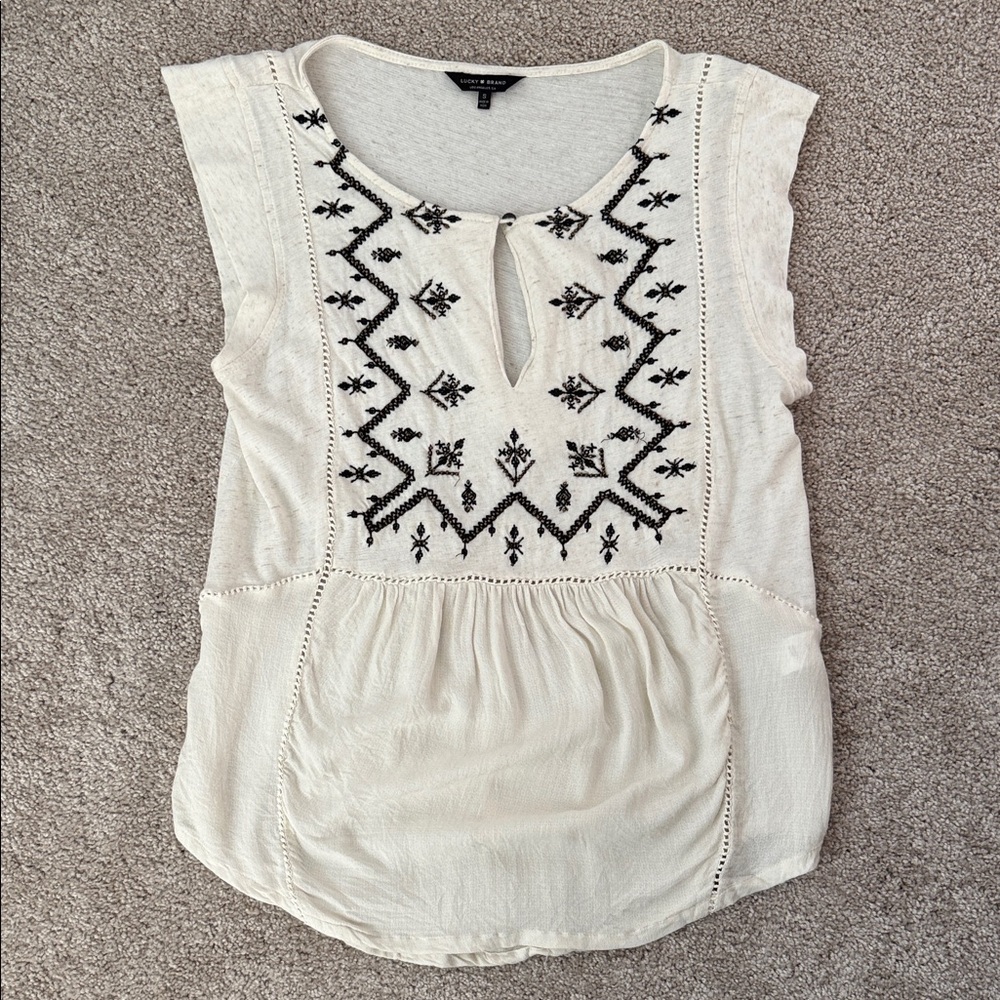 Lucky Brand Cream Cap-Sleeve Top with Black Embroidery